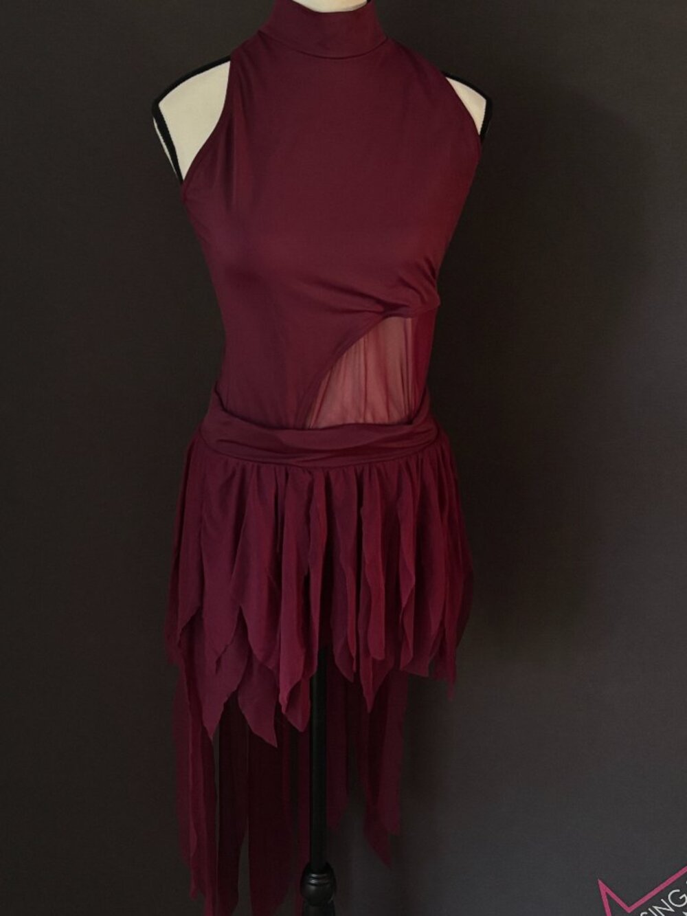 Weissman Burgundy Mesh Mock Neck Tattered Hem Lyrical Dance Costume Dress LA